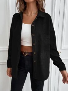 SHEIN LUNE 1 件纯色纽扣灯芯绒衬衫、长袖上衣 - 黑色 - 查看 5