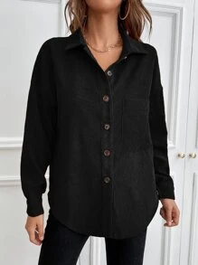 SHEIN LUNE 1 件纯色纽扣灯芯绒衬衫、长袖上衣 - 黑色 - 查看 6