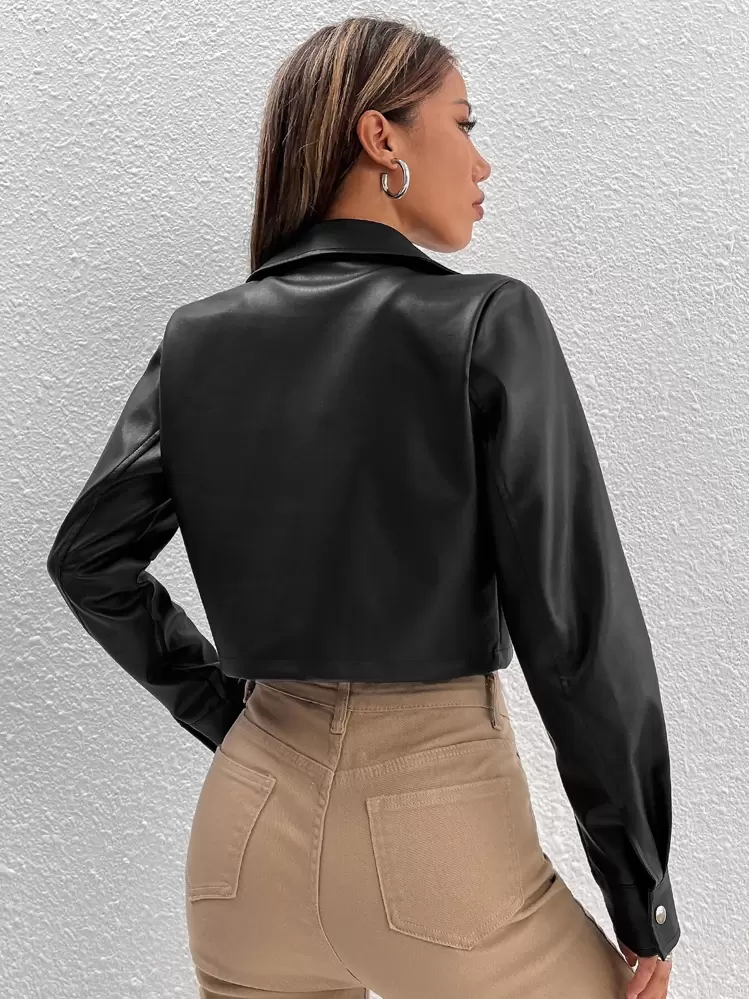 SHEIN PETITE Chaqueta corta de PU con bolsillo con solapa para otoño/invierno - Negro - Añade 2