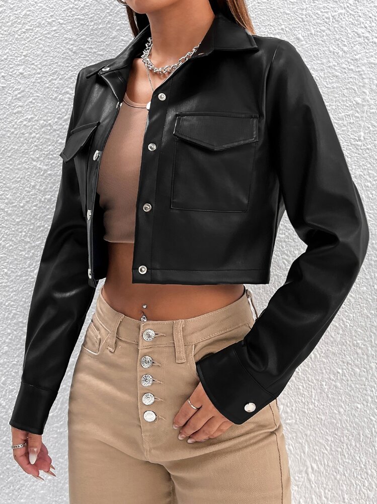 SHEIN PETITE Chaqueta corta de PU con bolsillo con solapa para otoño/invierno - Negro - Añade 5