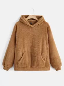 SHEIN EZwear 大碼袋鼠口袋毛絨帽衫