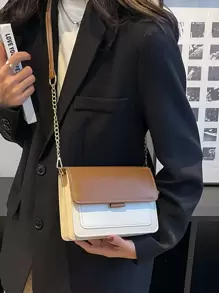 时尚别致的小方包，时尚简约拼色单肩包，配有链条肩带，百搭斜挎包，适合年轻女孩，适合购物、约会、正式活动、日常穿着、通勤 - 彩色 - 查看 6