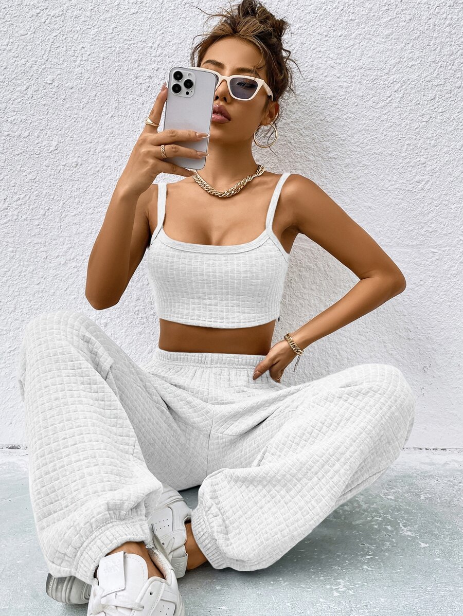 SHEIN EZwear Crop Cami Top & Joggers - White - View 1