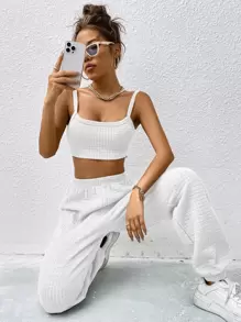 SHEIN EZwear Crop Cami Top & Joggers - White - View 4
