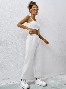 SHEIN EZwear Crop Cami Top & Joggers - White - View 5
