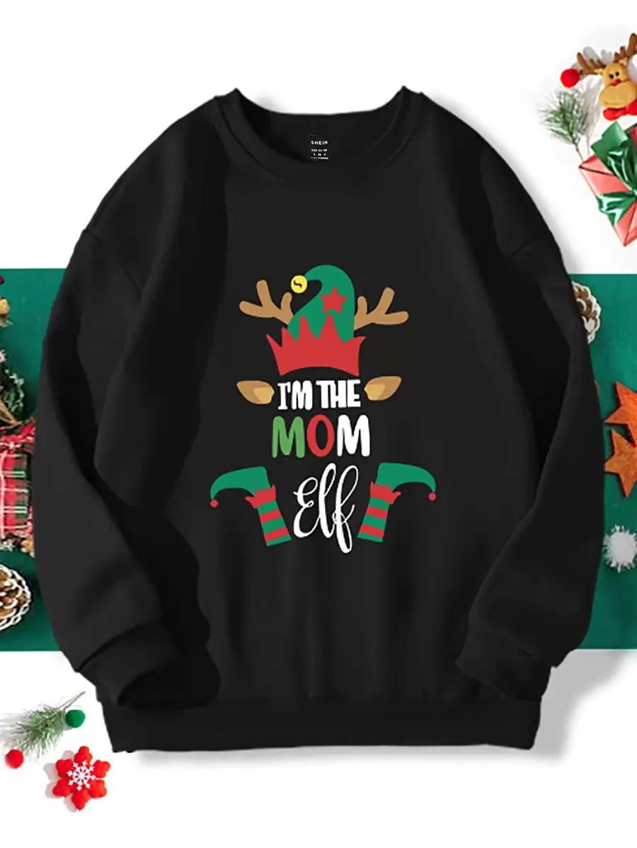 SHEIN Unity 聖誕圖案加絨內裏運動衫適用於聖誕 - 黑色 - 查看 1