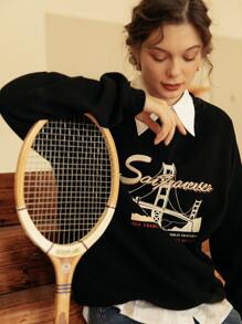 Simple Retro Pullover de manga raglán con estampado de letra sin camisa - Negro - Ver 1