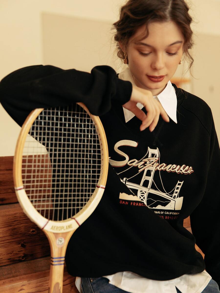 Simple Retro Pullover de manga raglán con estampado de letra sin camisa - Negro - Ver 1