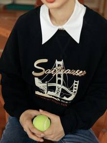 Simple Retro Pullover de manga raglán con estampado de letra sin camisa - Negro - Ver 2