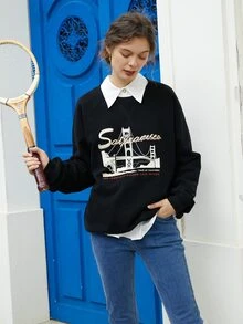 Simple Retro Pullover de manga raglán con estampado de letra sin camisa - Negro - Ver 3