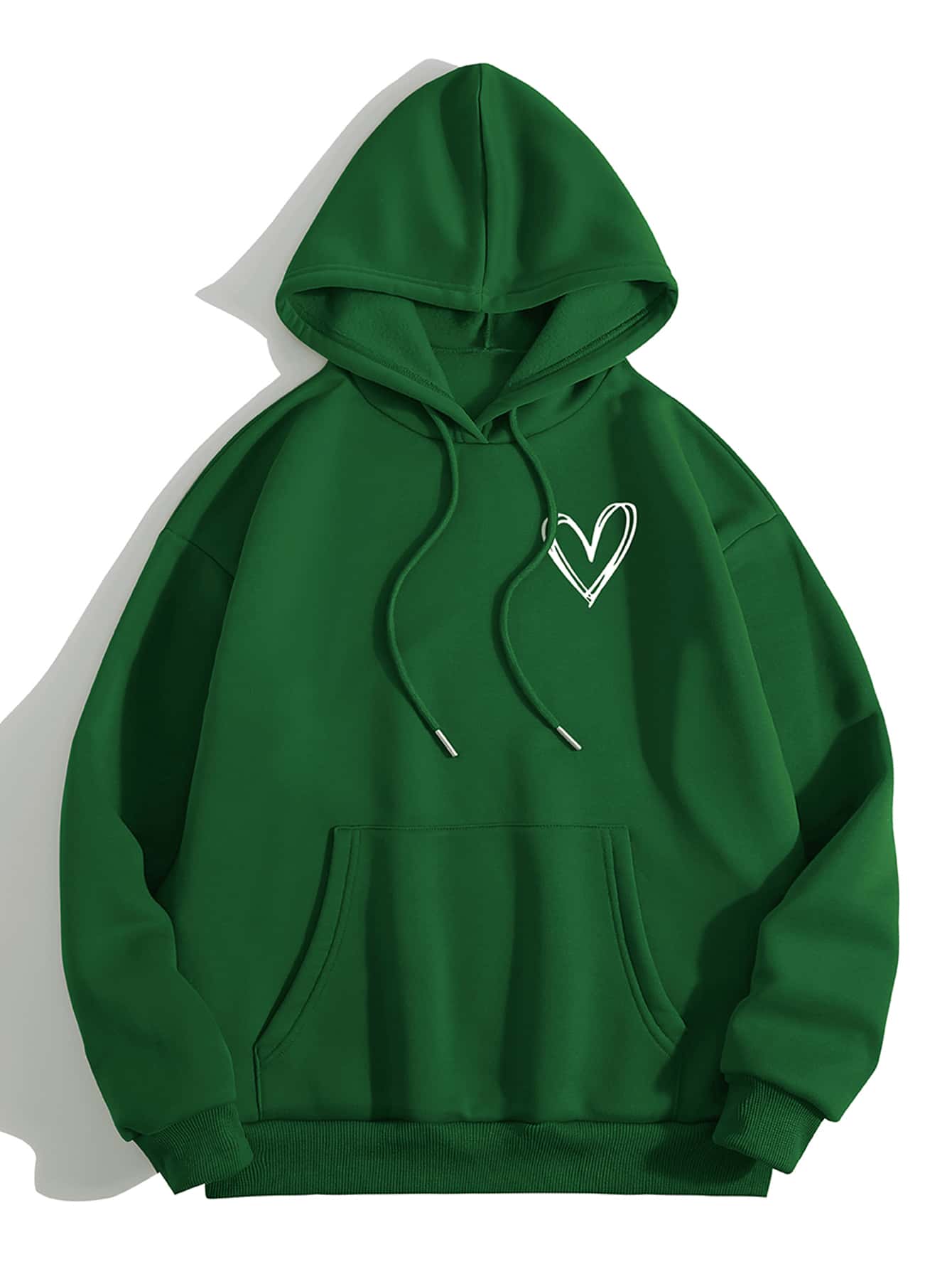 SHEIN LUNE Heart Print Thermal Lined Drawstring Hoodie - Green - View 1