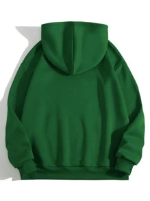 SHEIN LUNE Heart Print Thermal Lined Drawstring Hoodie - Green - View 2