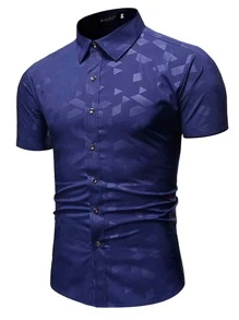 男士时尚都市几何压花短袖衬衫 - 藍色 - 查看 1
