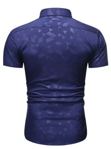 男士时尚都市几何压花短袖衬衫 - 藍色 - 查看 2
