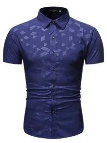男士时尚都市几何压花短袖衬衫 - 藍色 - 查看 3