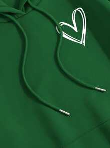 SHEIN LUNE Heart Print Thermal Lined Drawstring Hoodie - Green - View 5
