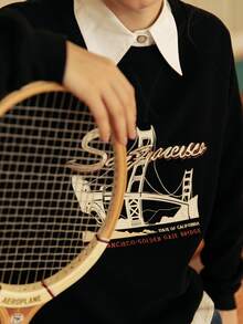 Simple Retro Pullover de manga raglán con estampado de letra sin camisa - Negro - Ver 5