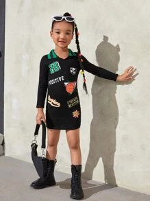 SHEIN Đầm bé gái Đồ họa Slogan Giải trí - màu đen - Xem 5