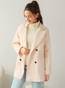 SHEIN Teen Girls Lapel Collar Dual Pocket Overcoat - Beige - View 1
