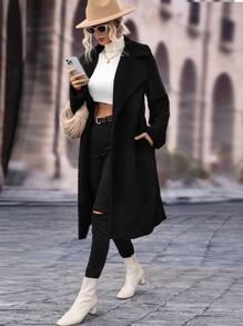 SHEIN LUNE Abrigo teddy de cuello con solapa con parte delantera abierta - Negro - Ver 3