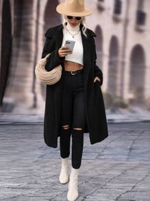 SHEIN LUNE Abrigo teddy de cuello con solapa con parte delantera abierta - Negro - Ver 7