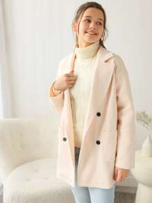 SHEIN Teen Girls Lapel Collar Dual Pocket Overcoat - Beige - View 3