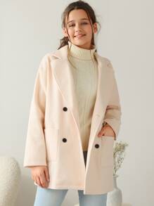 SHEIN Teen Girls Lapel Collar Dual Pocket Overcoat - Beige - View 4
