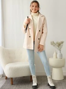SHEIN Teen Girls Lapel Collar Dual Pocket Overcoat - Beige - View 5
