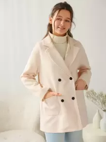SHEIN Teen Girls Lapel Collar Dual Pocket Overcoat - Beige - View 6