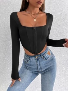 SHEIN PETITE Square Neck Asymmetrical Hem Crop Tee, Going Out Top - Black - View 1