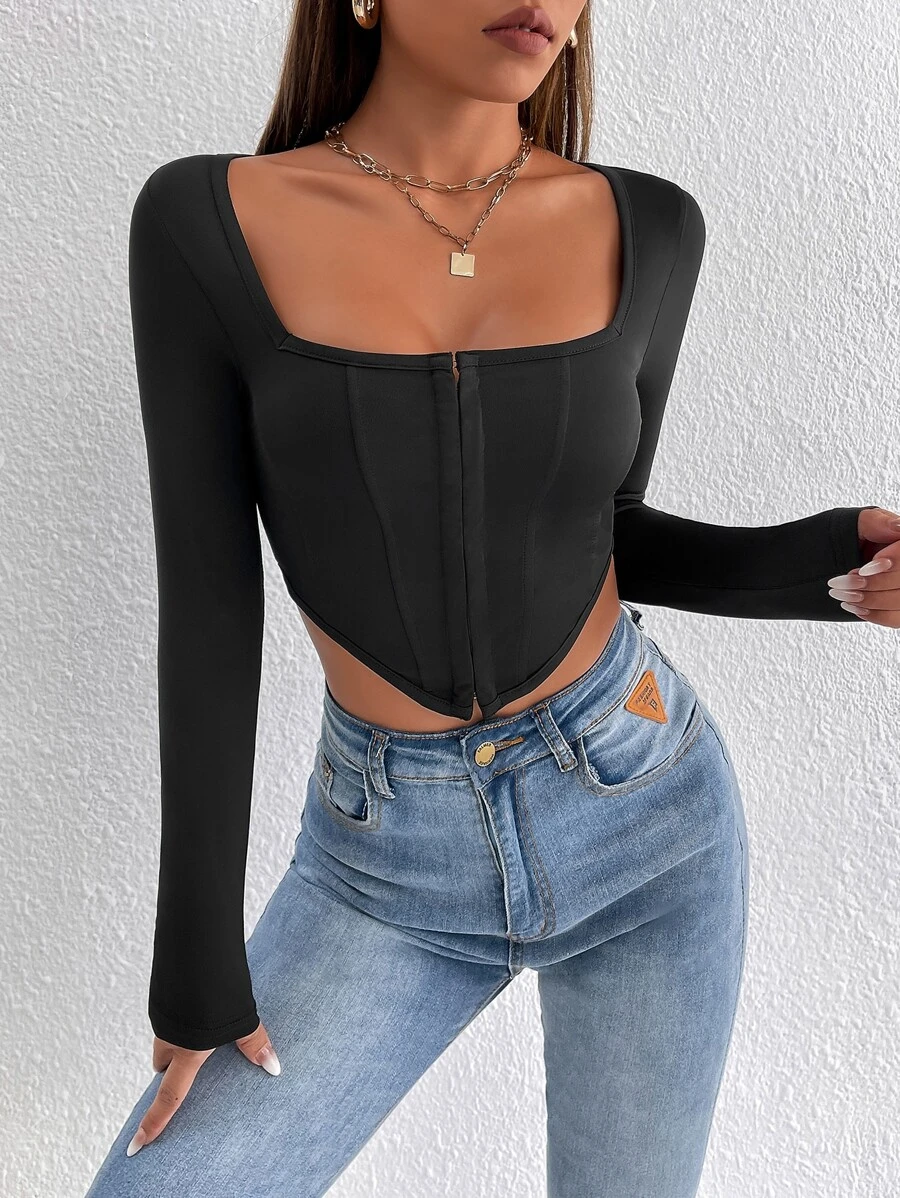 SHEIN PETITE Square Neck Asymmetrical Hem Crop Tee, Going Out Top - Black - View 1