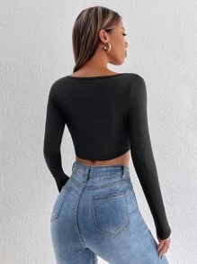 SHEIN PETITE Square Neck Asymmetrical Hem Crop Tee, Going Out Top - Black - View 2