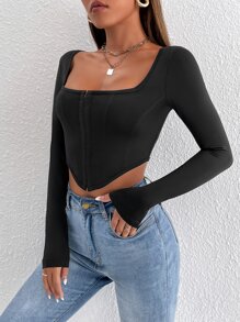 SHEIN PETITE Square Neck Asymmetrical Hem Crop Tee, Going Out Top - Black - View 3