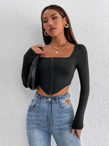 SHEIN PETITE Square Neck Asymmetrical Hem Crop Tee, Going Out Top - Black - View 4