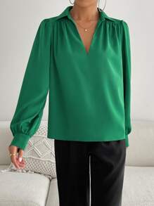 SHEIN Essnce Camisa unicolor fruncido de manga farol - Verde - Ver 6