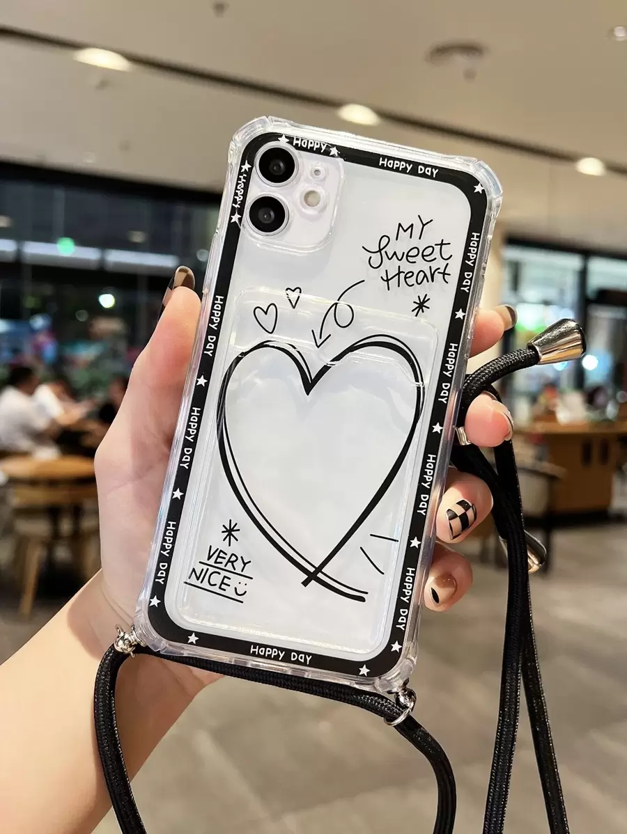 Heart Print Card Slot Phone Case With Lanyard - Multicolor - View 1