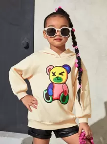 SHEIN 少女卡通图案落肩保暖卫衣 - 杏色 - 查看 3