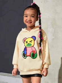 SHEIN 少女卡通图案落肩保暖卫衣 - 杏色 - 查看 1