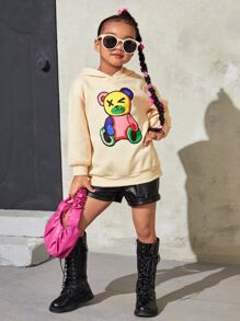 SHEIN 少女卡通图案落肩保暖卫衣 - 杏色 - 查看 4