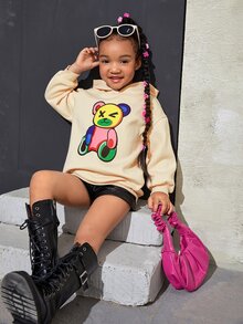 SHEIN 少女卡通图案落肩保暖卫衣 - 杏色 - 查看 5