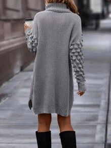SHEIN LUNE Turtle Neck Drop Shoulder Slit Hem Textured Jumper Dress Without Belt - Grey - View 2