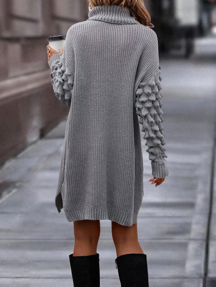 SHEIN LUNE Vestido de punto de cuello tortuga de hombros caídos bajo con abertura con textura sin cinturón - Gris - Añade 2