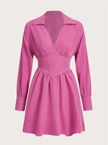 Muchica Ruched Bust Lace Up Tied Backless Dress - Pink - View 1