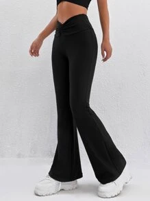 SHEIN PETITE Pantalones negros de pierna acampanada con cintura fruncida - Negro - Ver 3