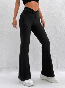 SHEIN PETITE Pantalones negros de pierna acampanada con cintura fruncida - Negro - Ver 4