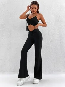SHEIN PETITE Pantalones negros de pierna acampanada con cintura fruncida - Negro - Ver 5