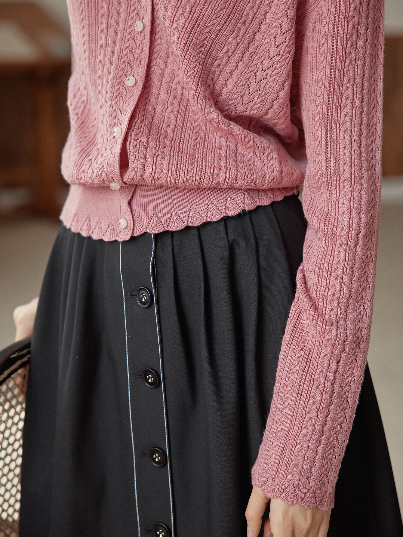 Simple Retro Cable Knit Drop Shoulder Scallop Trim Cardigan SHEIN USA