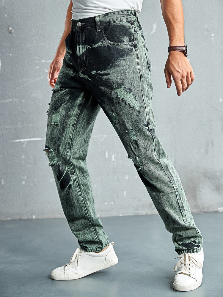 Men Cotton Ripped Straight Leg Jeans - Multicolor - View 3