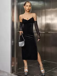 SHEIN BAE Ruched Bust Split Thigh Velvet Dress - Black - View 4