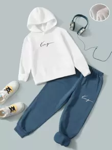 SHEIN 青少年男孩字母圖形保暖連帽衫和運動長褲 - 藍白色 - 查看 1